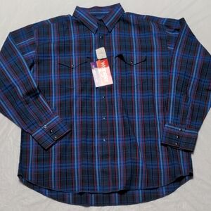 Wrangler Vintage Blue Plaid Pearl Snap Western Long Sleeve Shirt Cowboy NWT XL